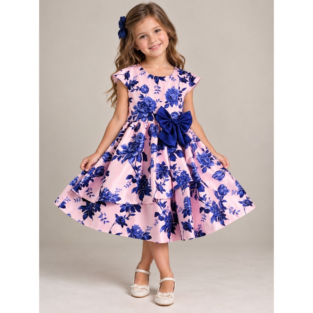 Girls Pink Blue Floral Satin Party Dress Size 7 Tiered Skirt Bow